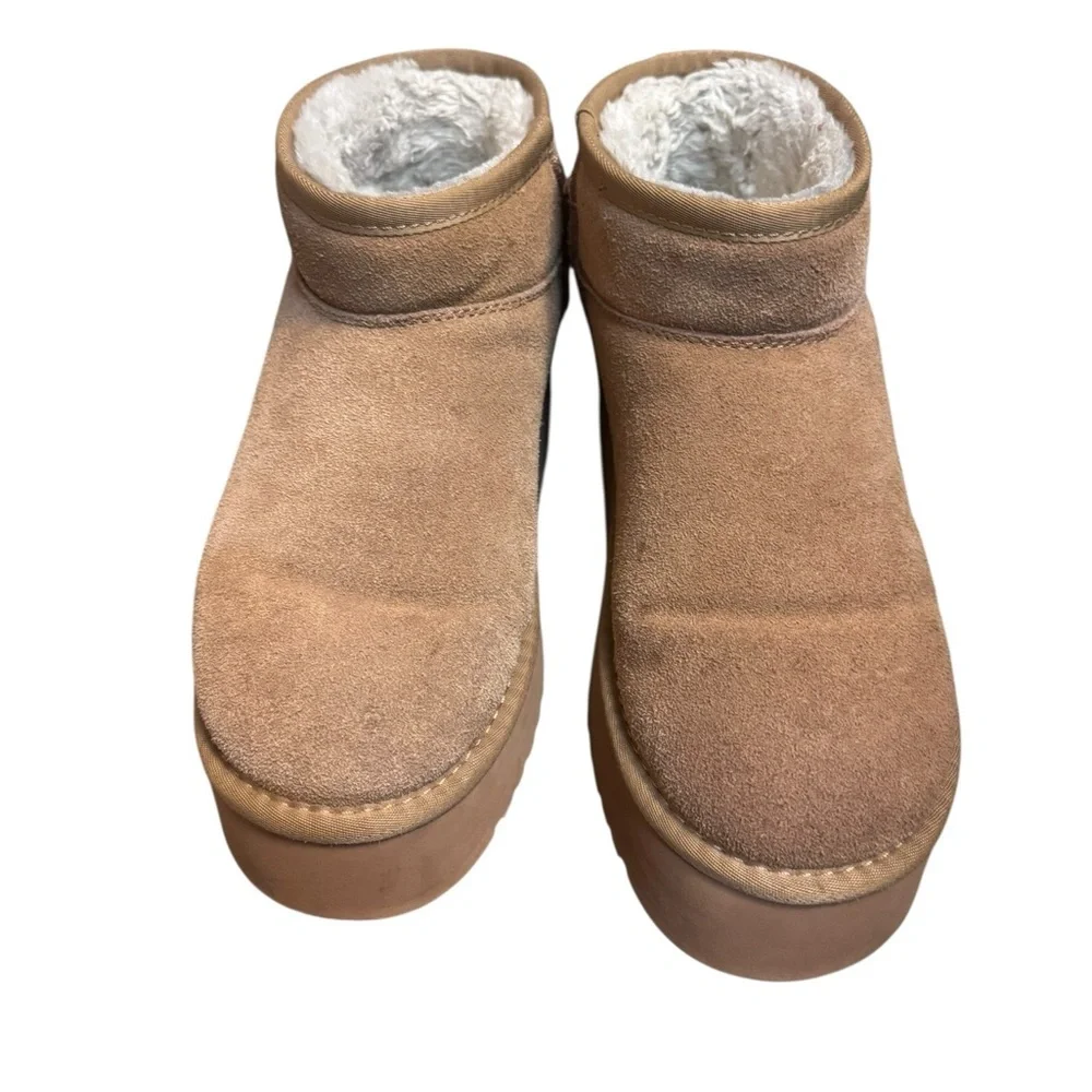 PROJECT CLOUD Suede Women’s Classic Mini Platform Lined Boots Cozy SZ 8.5 Taupe